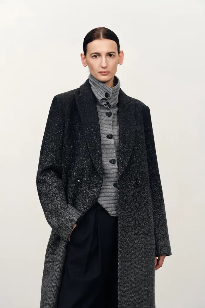 Audrey Gradient Herringbone Straight Long Coat in Merino Wool - Image 2