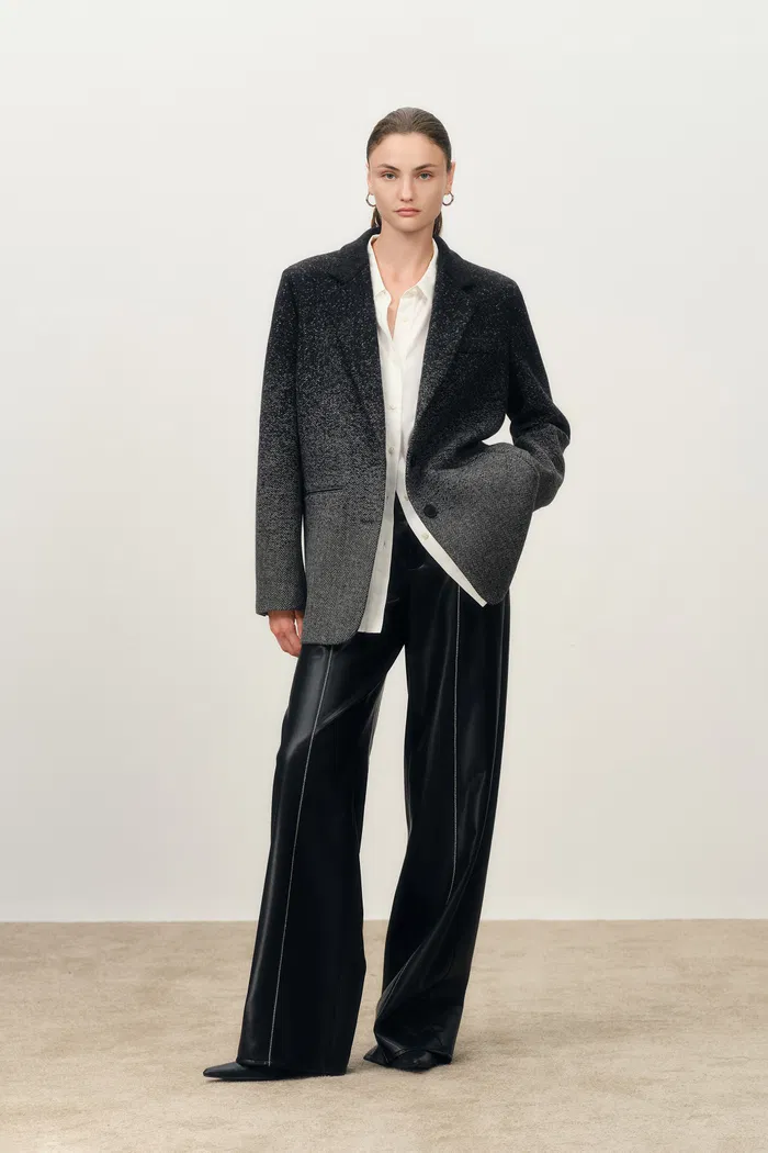 Aurora Gradient Herringbone Long Blazer in Merino Wool