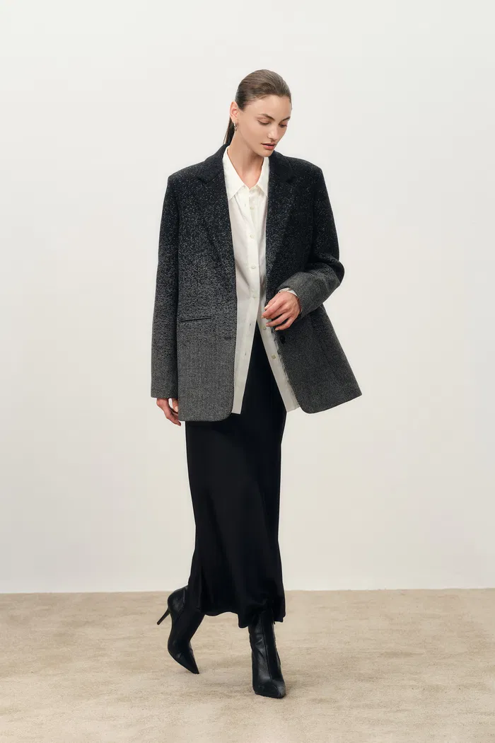 Aurora Gradient Herringbone Long Blazer in Merino Wool - Image 3