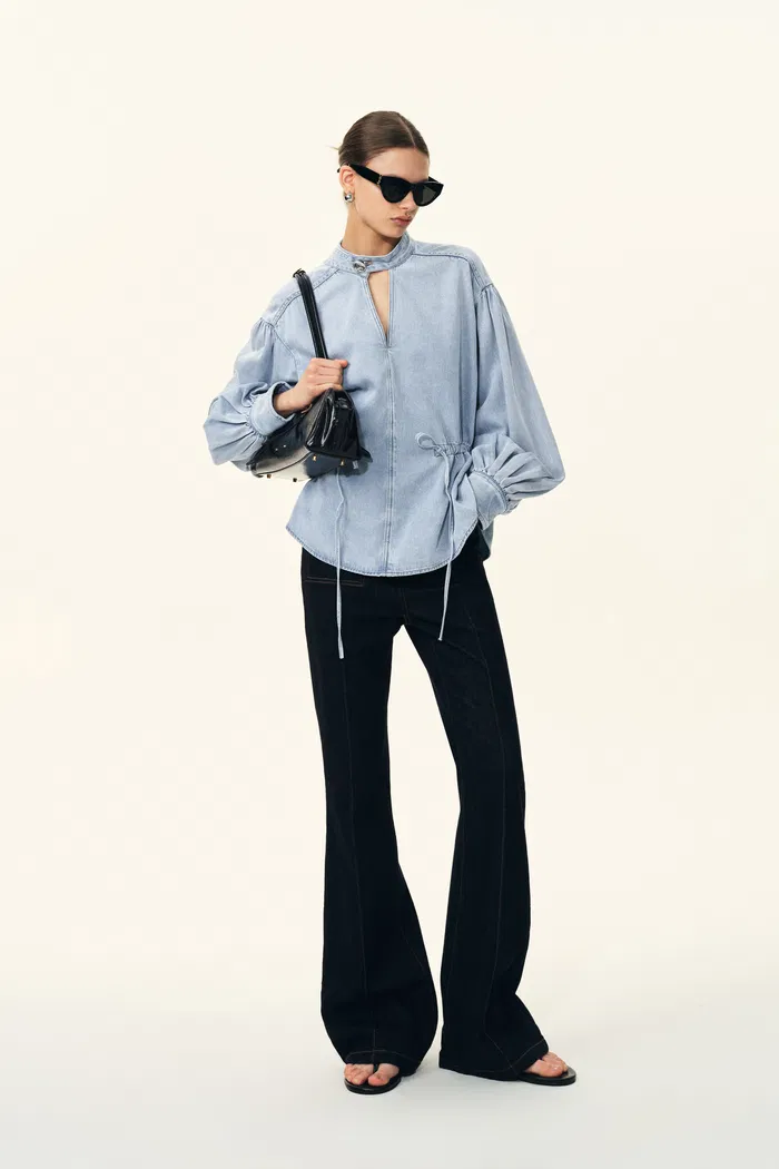 Aurore Button Collar Drawstring Lantern Sleeve Blouse in Cotton-Linen Denim - Image 2