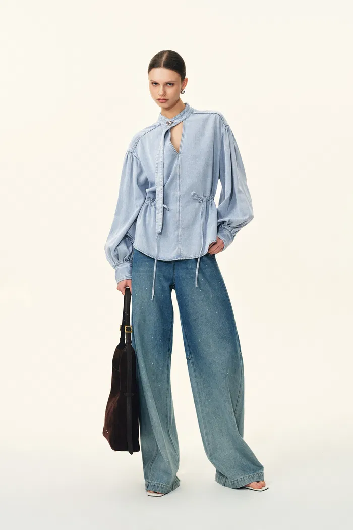Aurore Button Collar Drawstring Lantern Sleeve Blouse in Cotton-Linen Denim - Image 5