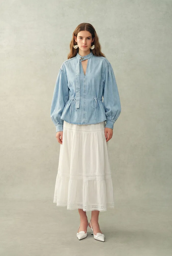 Aurore Button Collar Drawstring Lantern Sleeve Blouse in Cotton-Linen Denim - Image 6