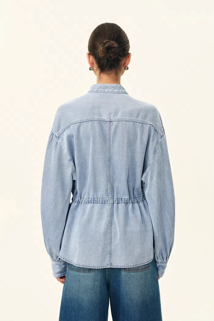 Aurore Button Collar Drawstring Lantern Sleeve Blouse in Cotton-Linen Denim - Image 7