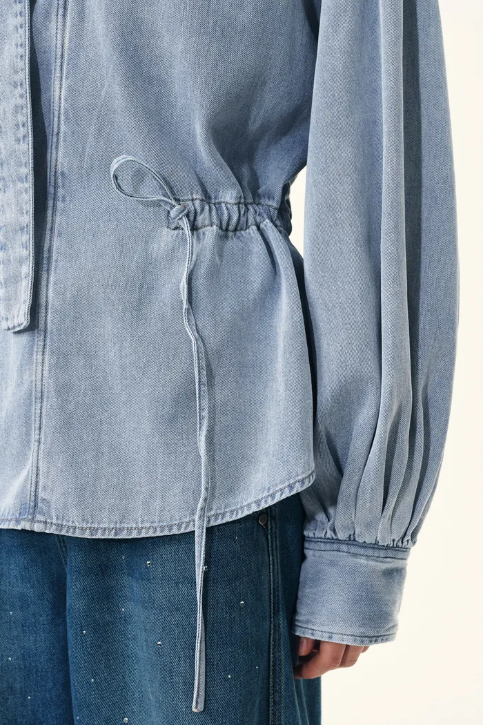 Aurore Button Collar Drawstring Lantern Sleeve Blouse in Cotton-Linen Denim - Image 8