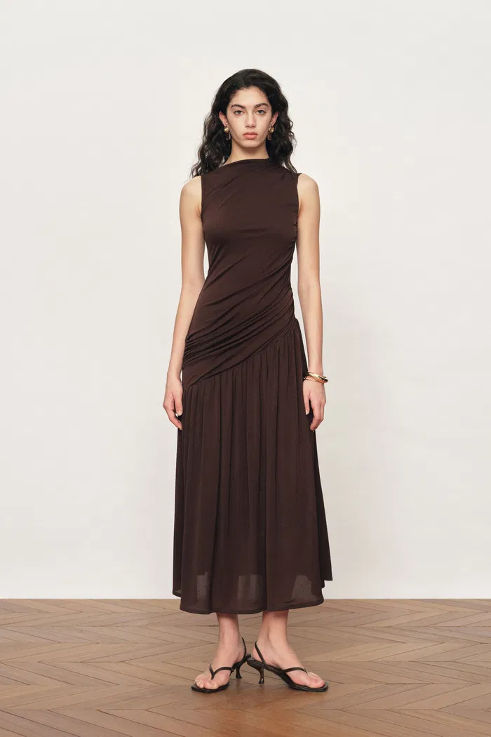 Avery Asymmetrical Ruched Sleeveless Dress in Acetate Blend Knit
