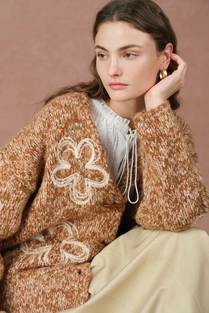 Ayanna Floral Embroidered Cardigan in Merino Wool Multi-Yarn - Image 5