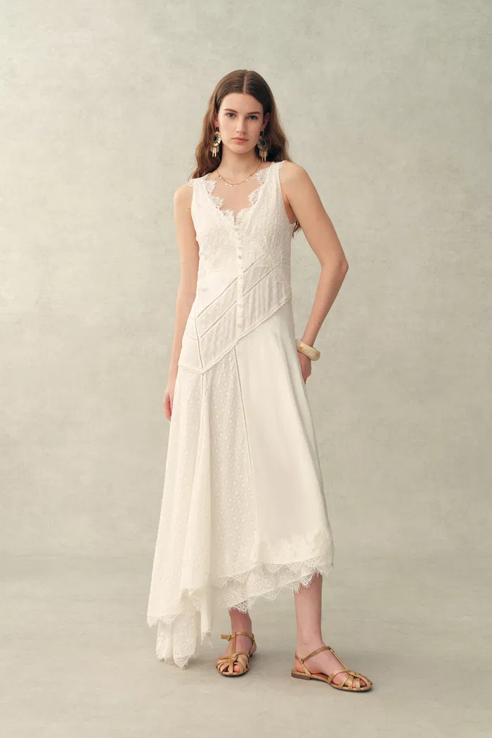 Azaria Boho Lace Panel Embroidery V Neck Sleeveless Dress in Tencel Linen - Image 2