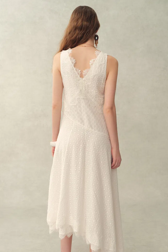 Azaria Boho Lace Panel Embroidery V Neck Sleeveless Dress in Tencel Linen - Image 4