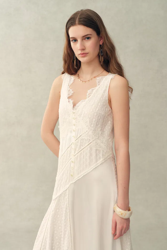Azaria Boho Lace Panel Embroidery V Neck Sleeveless Dress in Tencel Linen - Image 5