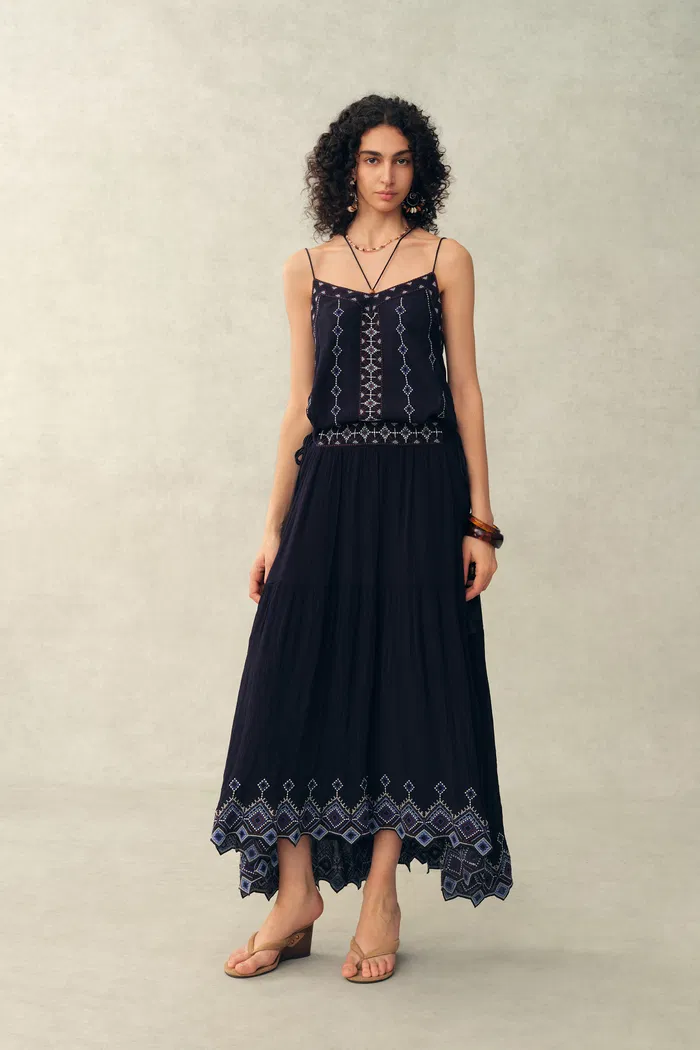 Bailey Boho Embroidered Cross Back Straps Sleeveless Dress in Crinkled Georgette - Image 2
