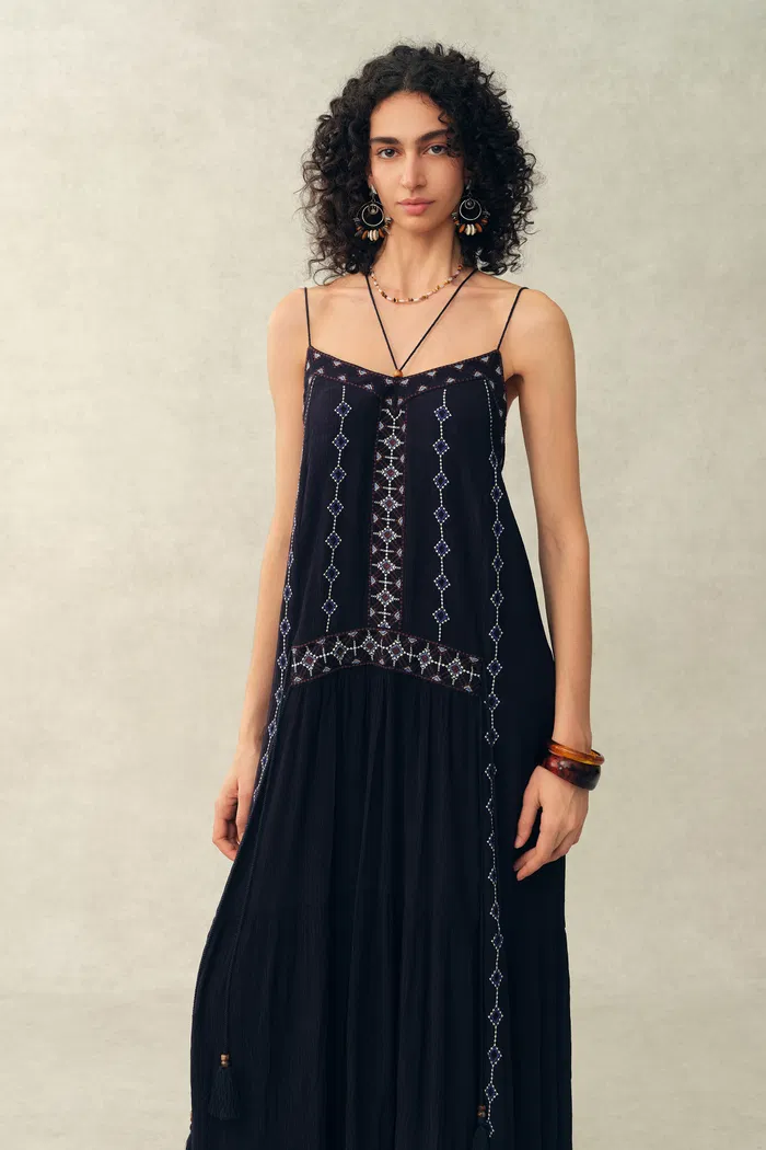 Bailey Boho Embroidered Cross Back Straps Sleeveless Dress in Crinkled Georgette - Image 3