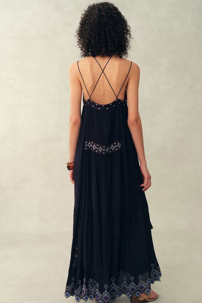 Bailey Boho Embroidered Cross Back Straps Sleeveless Dress in Crinkled Georgette - Image 4