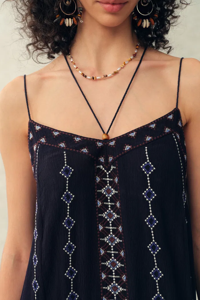Bailey Boho Embroidered Cross Back Straps Sleeveless Dress in Crinkled Georgette - Image 5