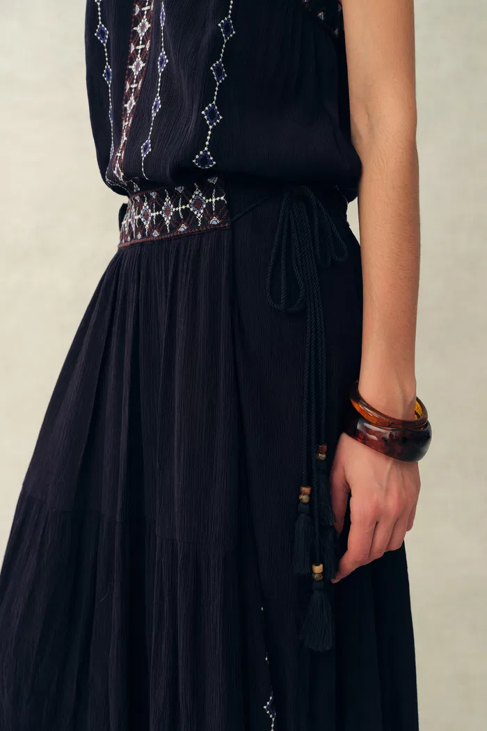 Bailey Boho Embroidered Cross Back Straps Sleeveless Dress in Crinkled Georgette - Image 6