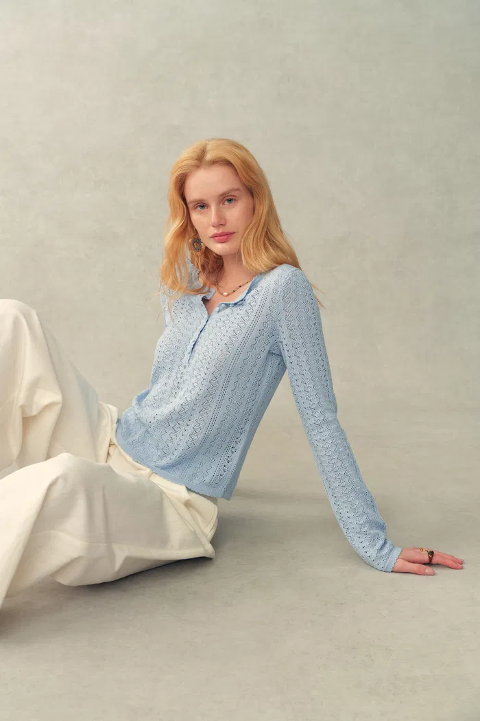 Barbara Scalloped Long Sleeve Top in Premium Cotton Knit - Image 3