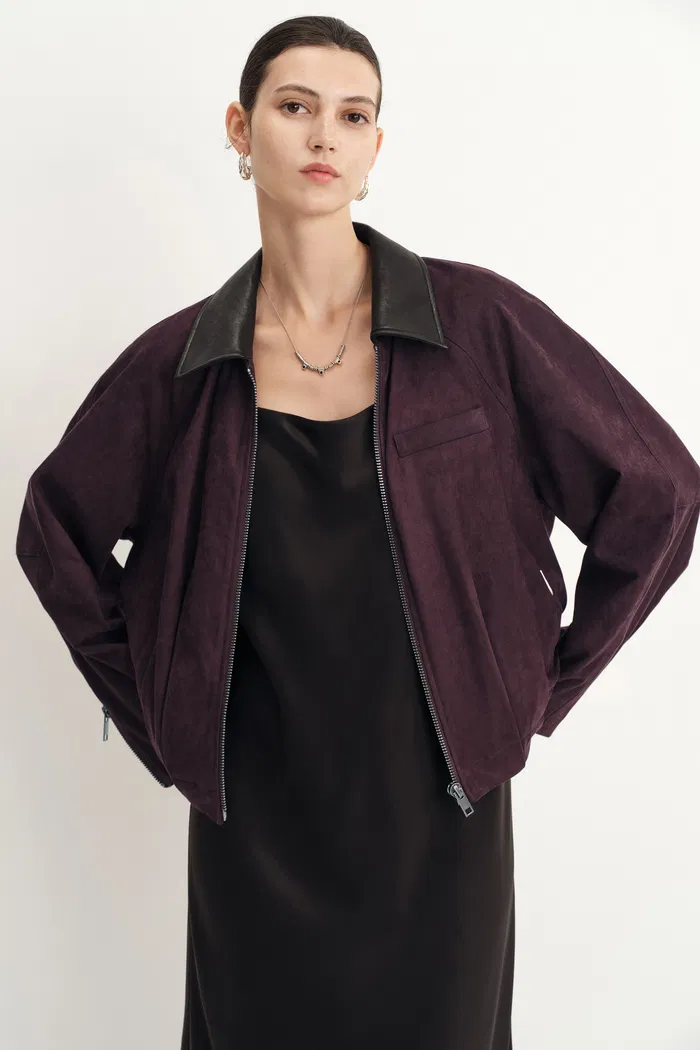 Bass Burgundy Bomber Jacket in Two Tone Faux Suede - Image 2