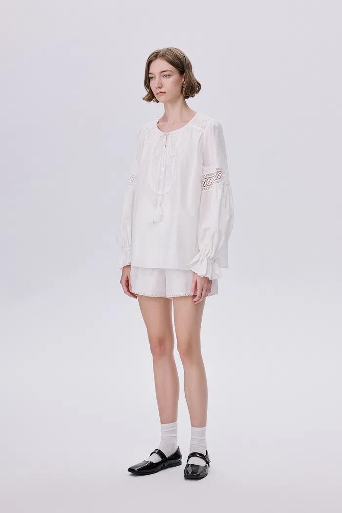 Bea Embroidered Blouse and Shorts Set in Silk Cotton Blend - Image 3