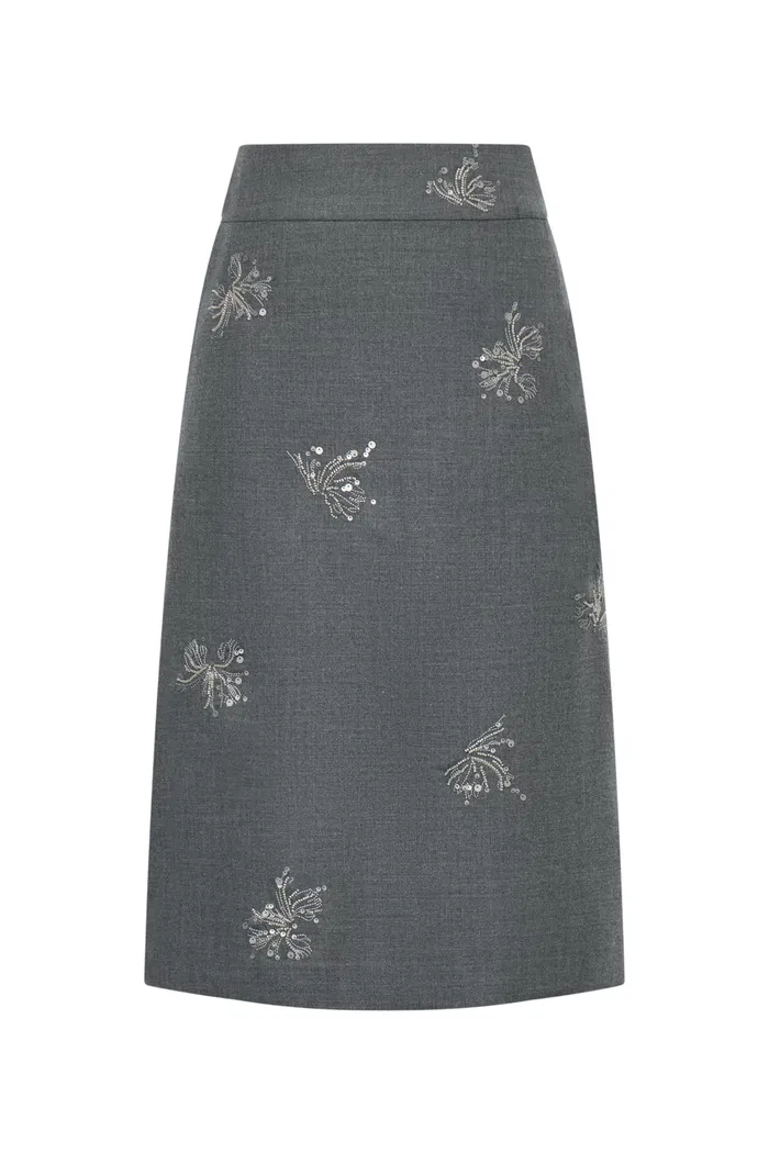 Beading Wrinkle Resistant Embroidered Skirt in Fine Worsted Wool - Image 10