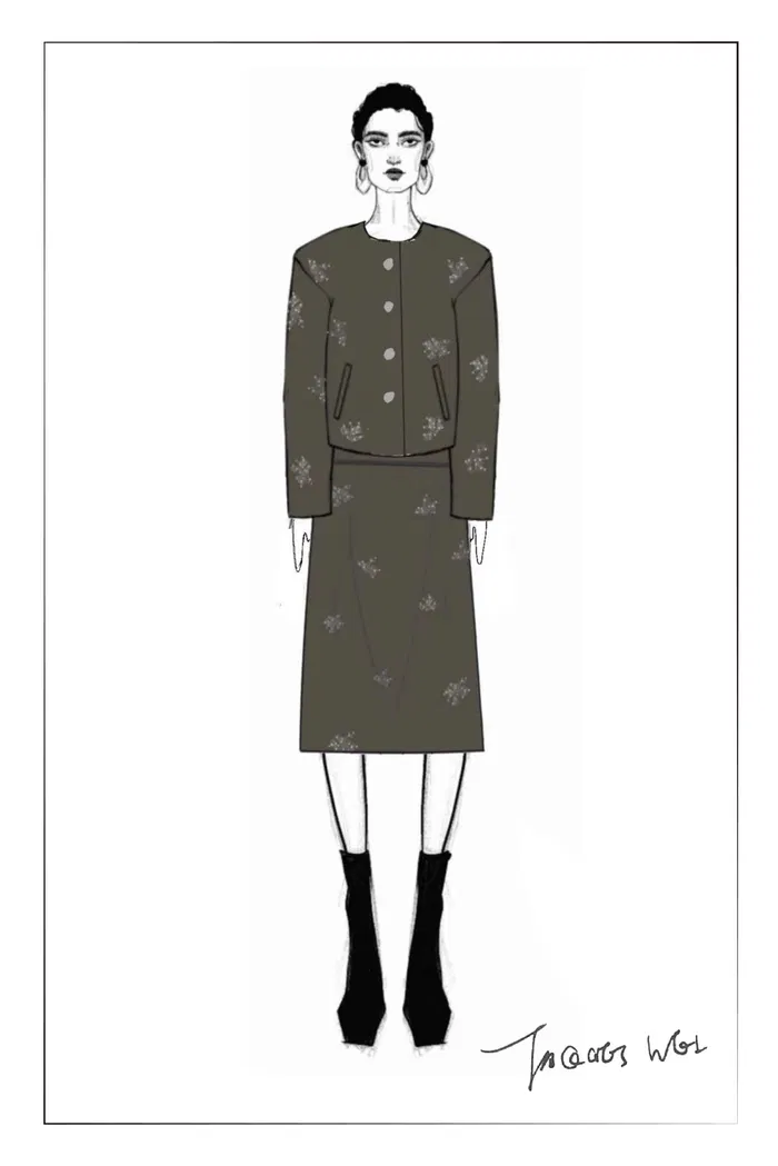 Beading Wrinkle Resistant Embroidered Skirt in Fine Worsted Wool - Image 9