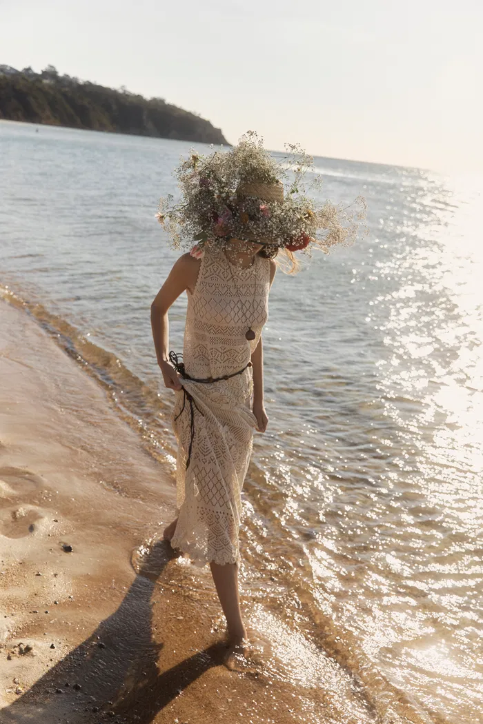 Beatrice 3D Floral Openwork Top and Skirt Matching Set in Linen Knit - Image 2
