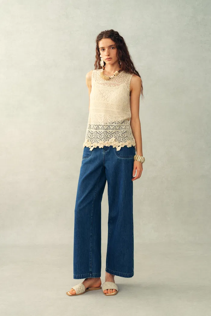 Beatrice 3D Floral Openwork Top in Linen Knit - Image 2