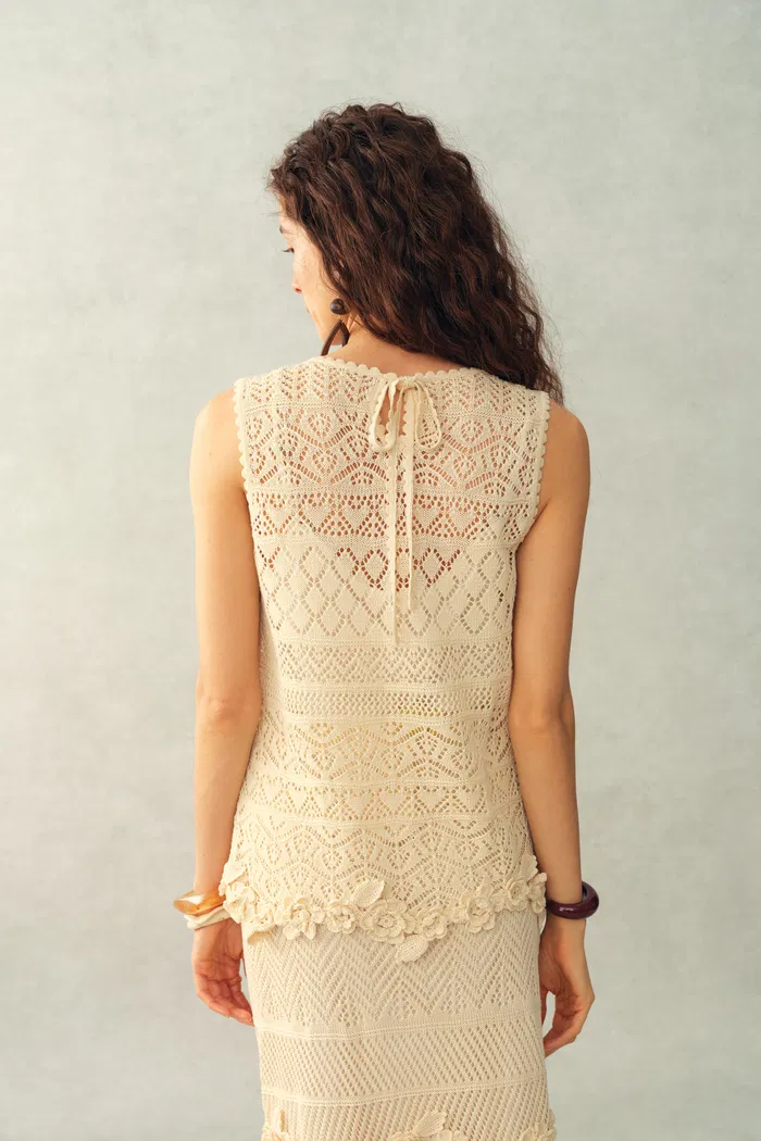Beatrice 3D Floral Openwork Top in Linen Knit - Image 6