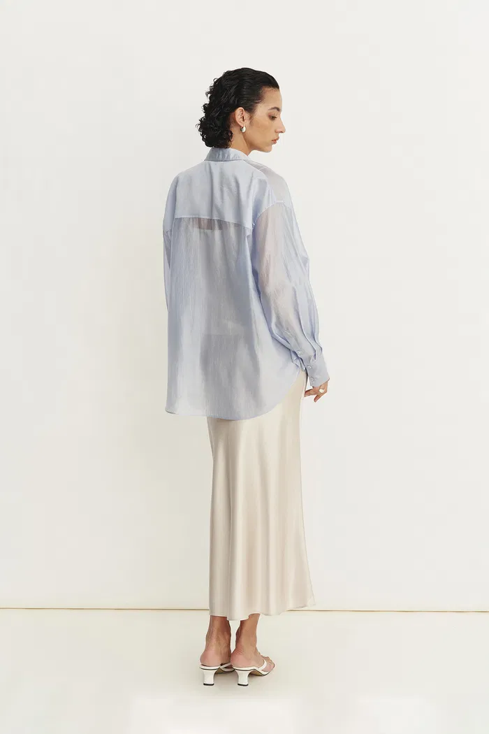 Bella Blue Sheer Button-Up Shirt in Organza - Image 6