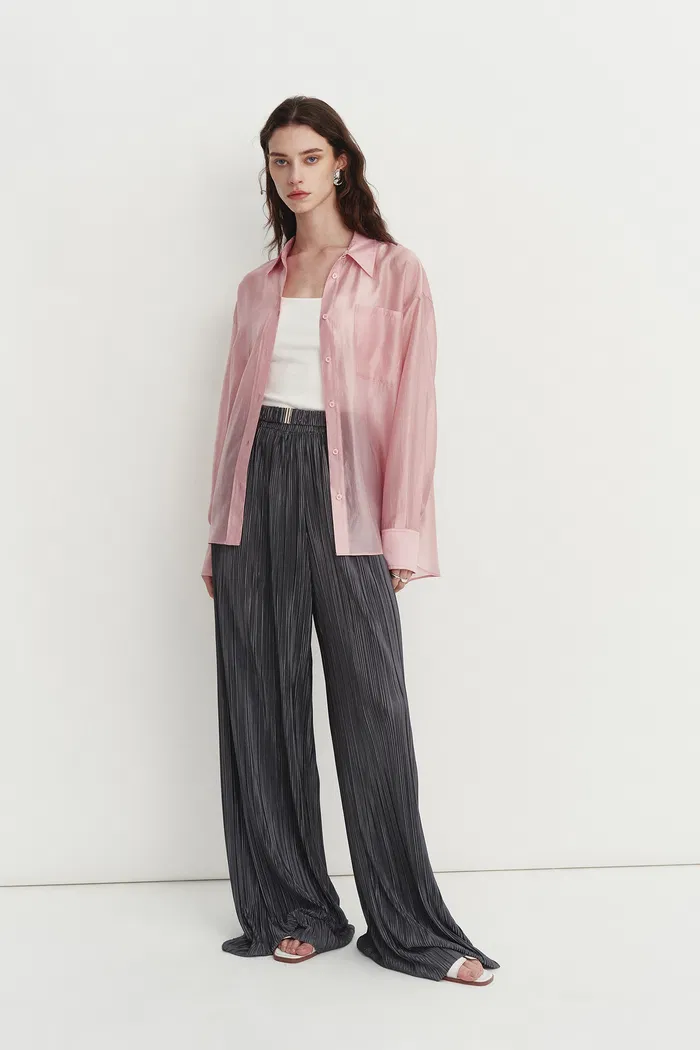 Bella Pink Sheer Button-Up Shirt in Organza - Image 4