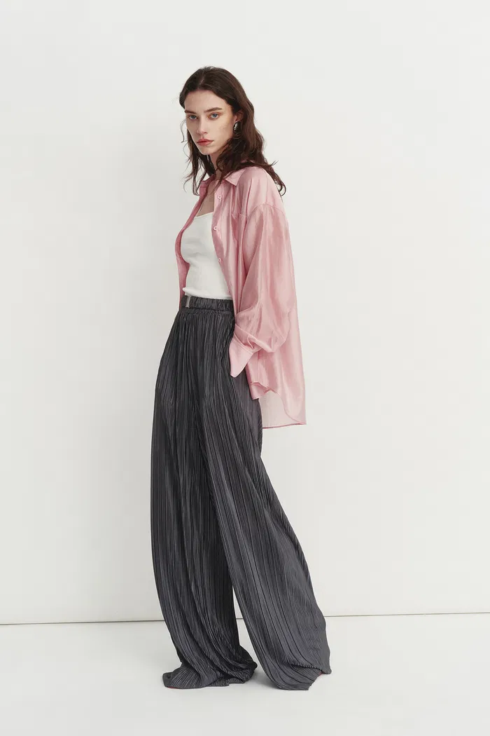 Bella Pink Sheer Button-Up Shirt in Organza - Image 6