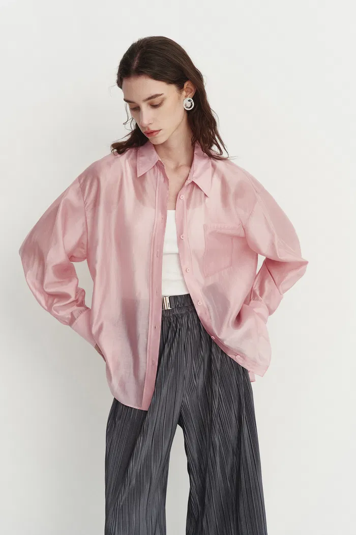 Bella Pink Sheer Button-Up Shirt in Organza - Image 7