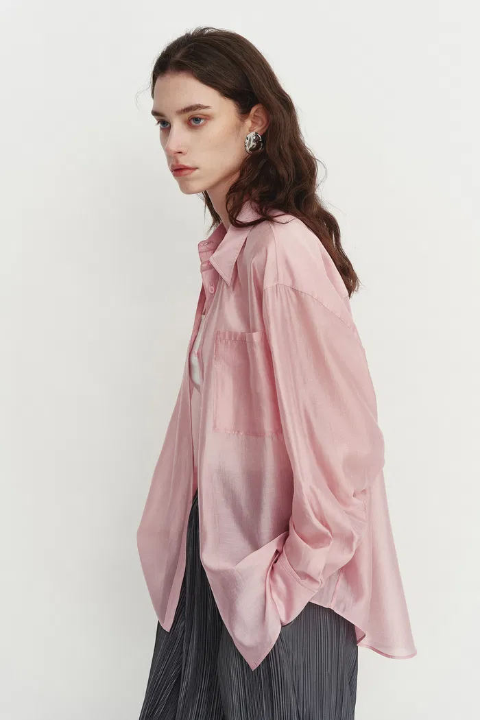Bella Pink Sheer Button-Up Shirt in Organza - Image 8