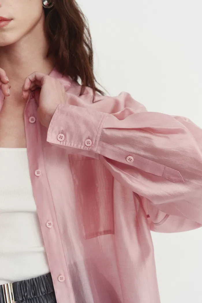 Bella Pink Sheer Button-Up Shirt in Organza - Image 9
