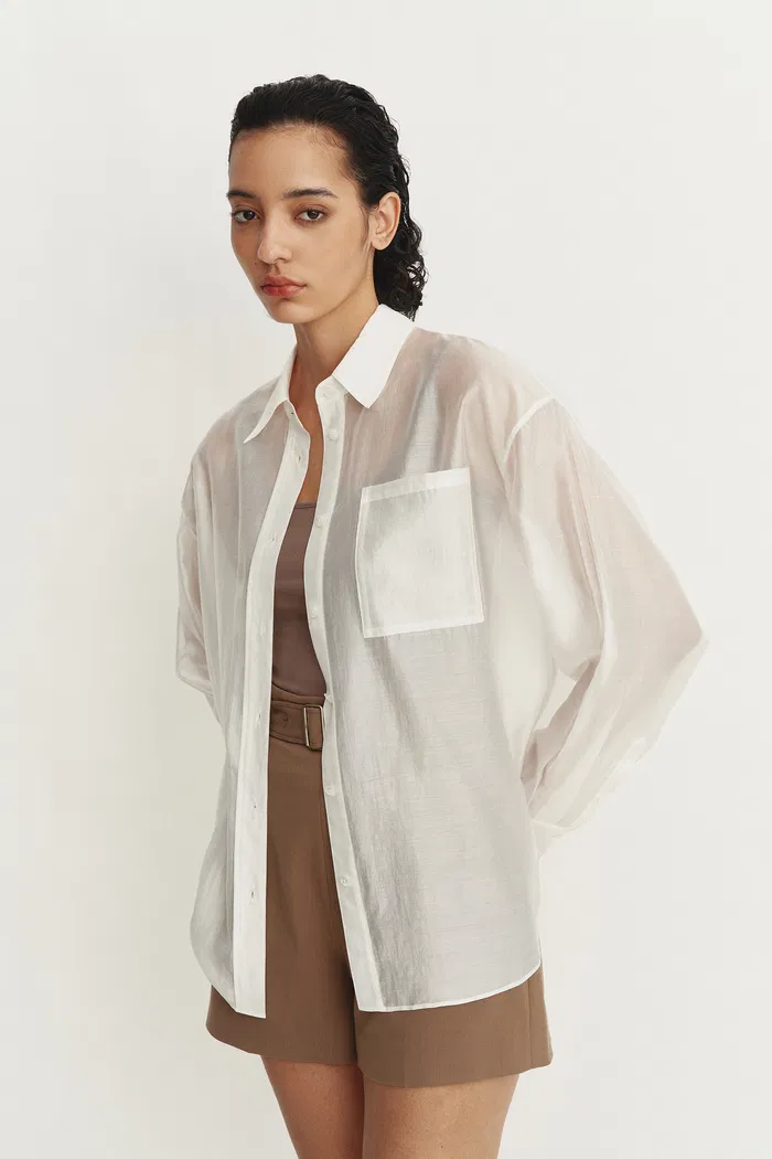Bella White Sheer Button-Up Shirt in Organza - Image 6