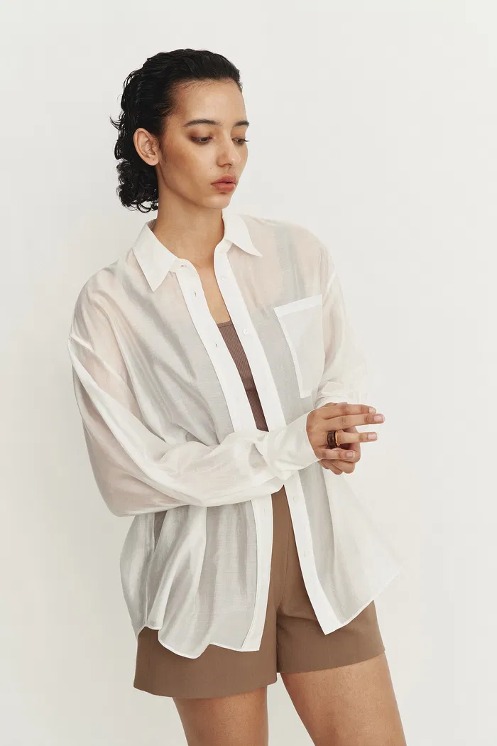 Bella White Sheer Button-Up Shirt in Organza - Image 7