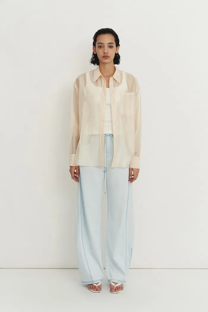 Bella Yellow Sheer Button-Up Shirt in Organza - Image 3