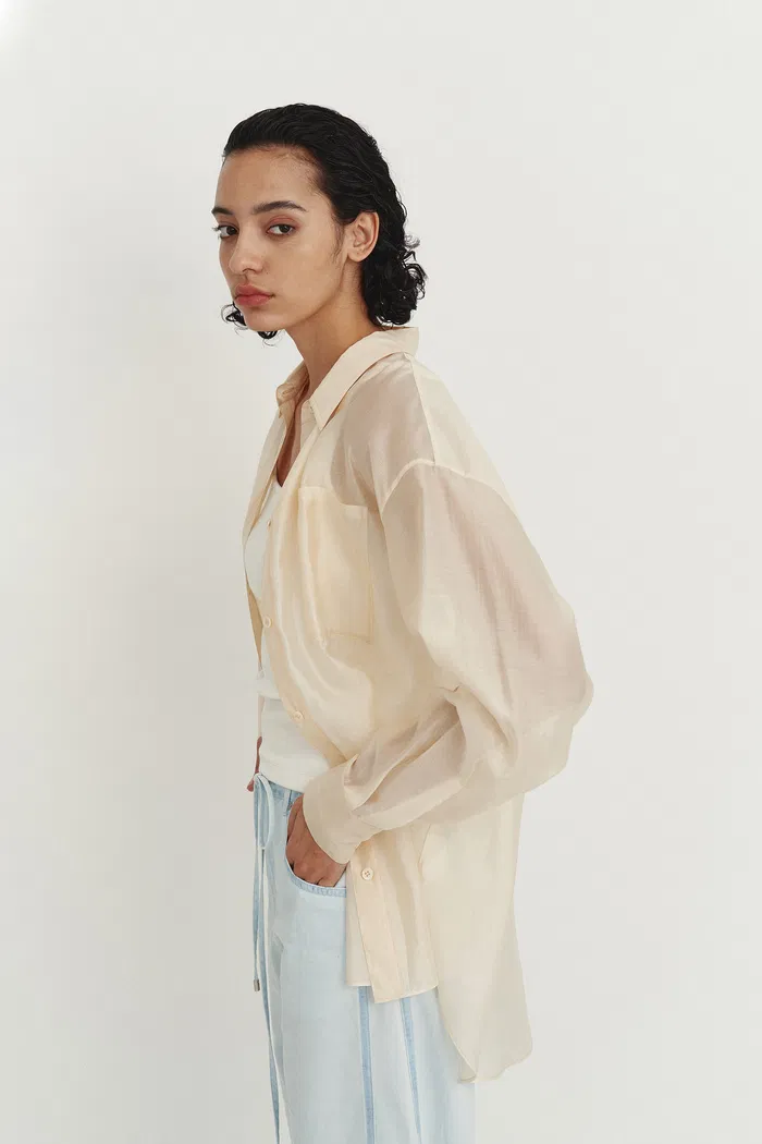 Bella Yellow Sheer Button-Up Shirt in Organza - Image 5