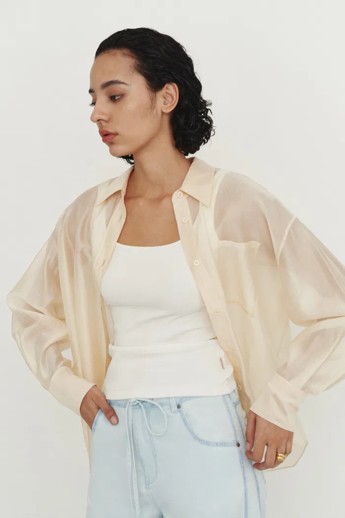 Bella Yellow Sheer Button-Up Shirt in Organza - Image 8