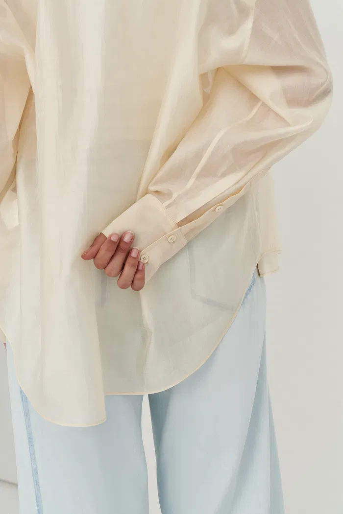 Bella Yellow Sheer Button-Up Shirt in Organza - Image 9