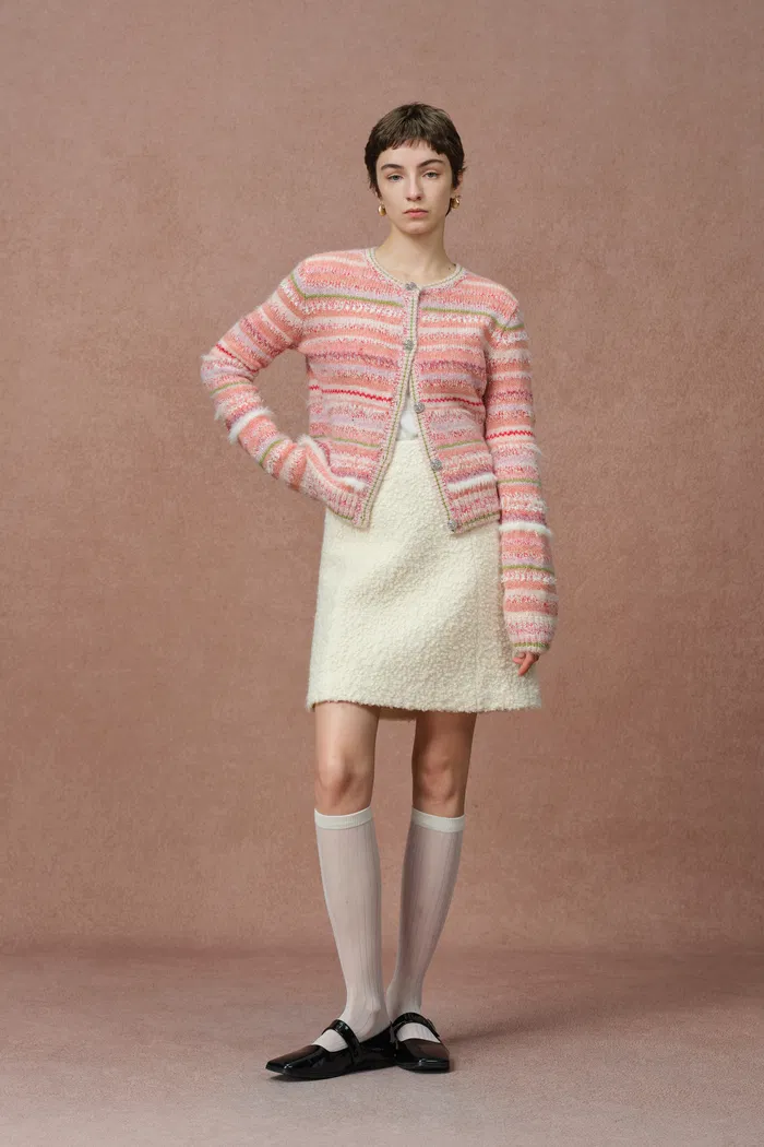 Belleville Fitted Stripe Sequin Tweed Cardigan in Brushed Multi-Yarn Wool Knit - Image 3