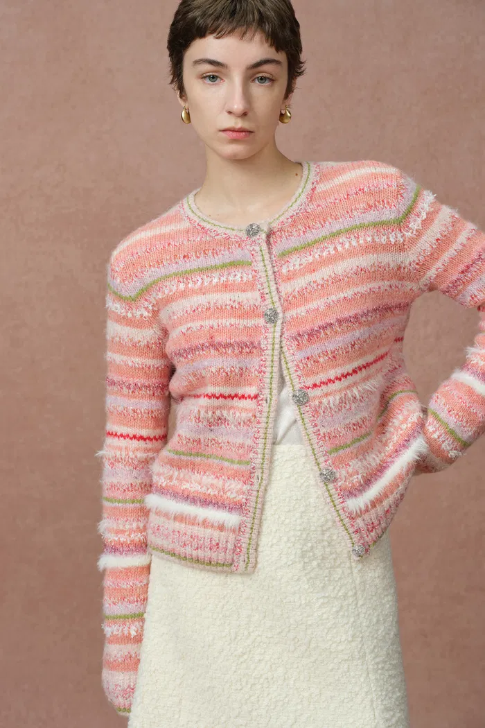 Belleville Fitted Stripe Sequin Tweed Cardigan in Brushed Multi-Yarn Wool Knit - Image 4
