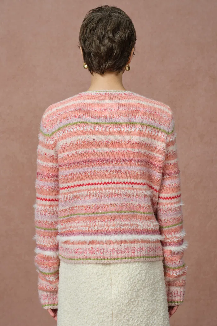 Belleville Fitted Stripe Sequin Tweed Cardigan in Brushed Multi-Yarn Wool Knit - Image 5