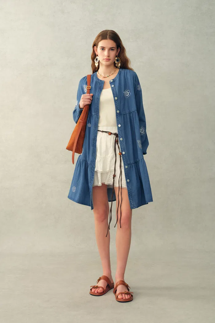Betsy Embroidered Dress in Thin Denim - Image 2