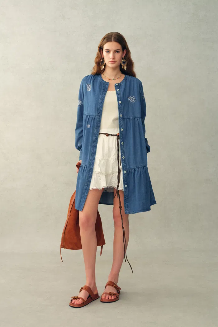 Betsy Embroidered Dress in Thin Denim - Image 3