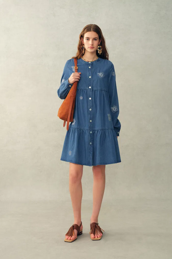 Betsy Embroidered Dress in Thin Denim - Image 6
