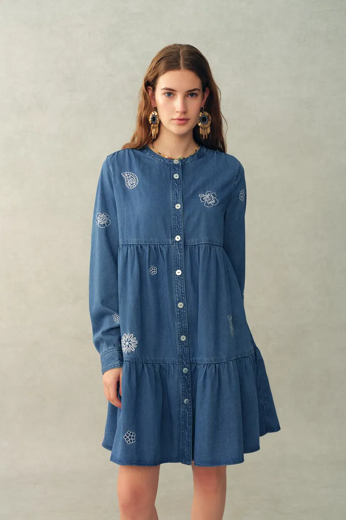 Betsy Embroidered Dress in Thin Denim - Image 7