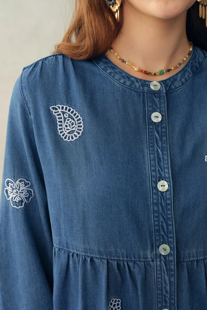 Betsy Embroidered Dress in Thin Denim - Image 9