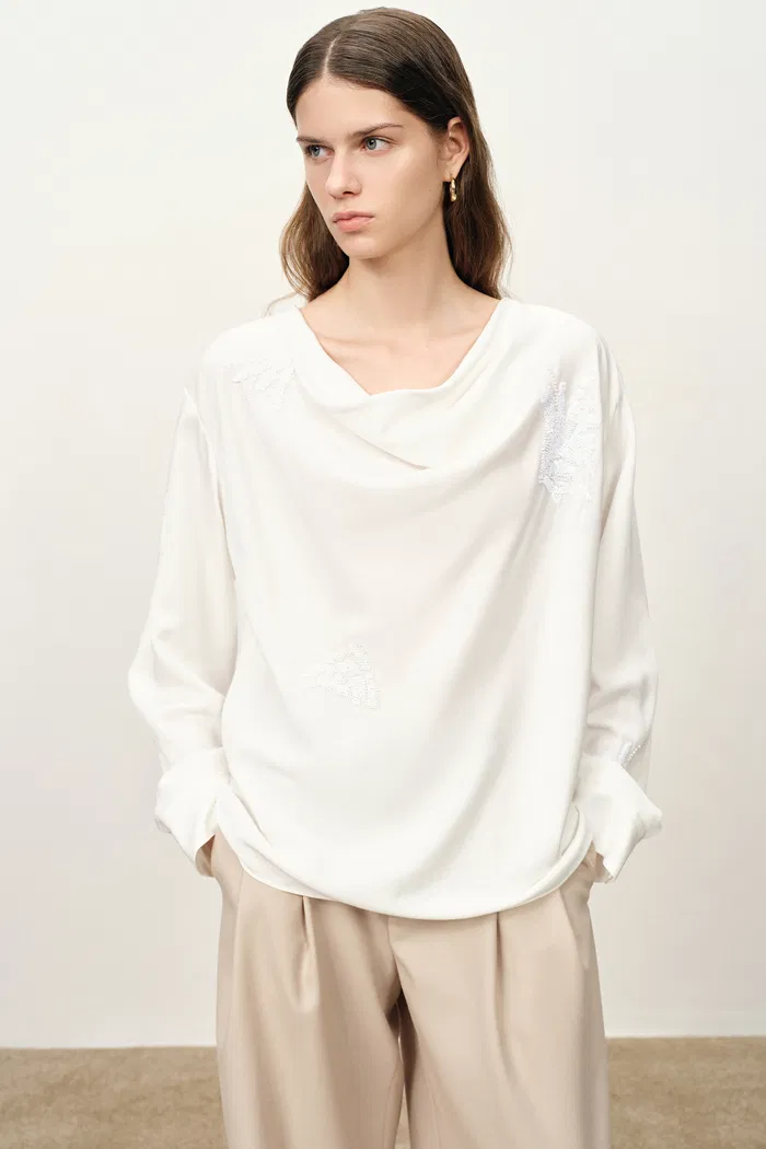 Bianca Drape Neck Sequin Embroidered Blouse in Acetate Twill - Image 4