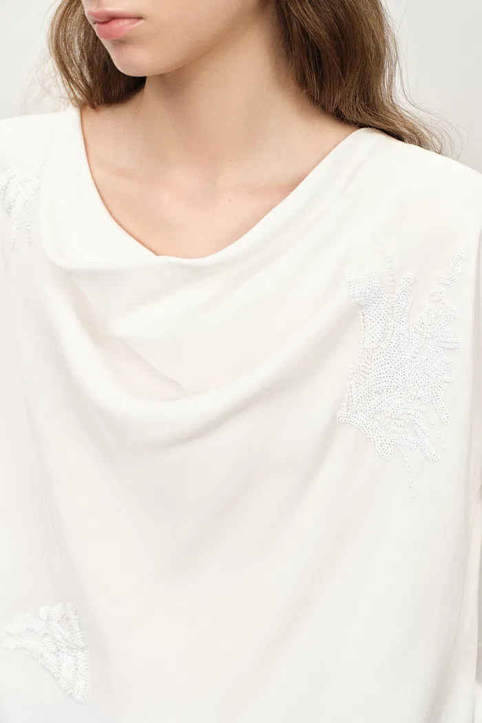 Bianca Drape Neck Sequin Embroidered Blouse in Acetate Twill - Image 6