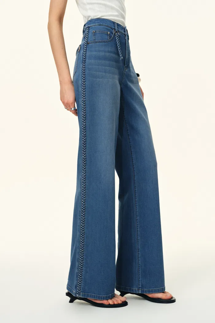 Billie Hand Braided Straight Leg Jeans in Lightweight Stretch Denim