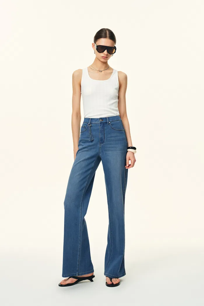 Billie Hand Braided Straight Leg Jeans in Lightweight Stretch Denim - Image 2